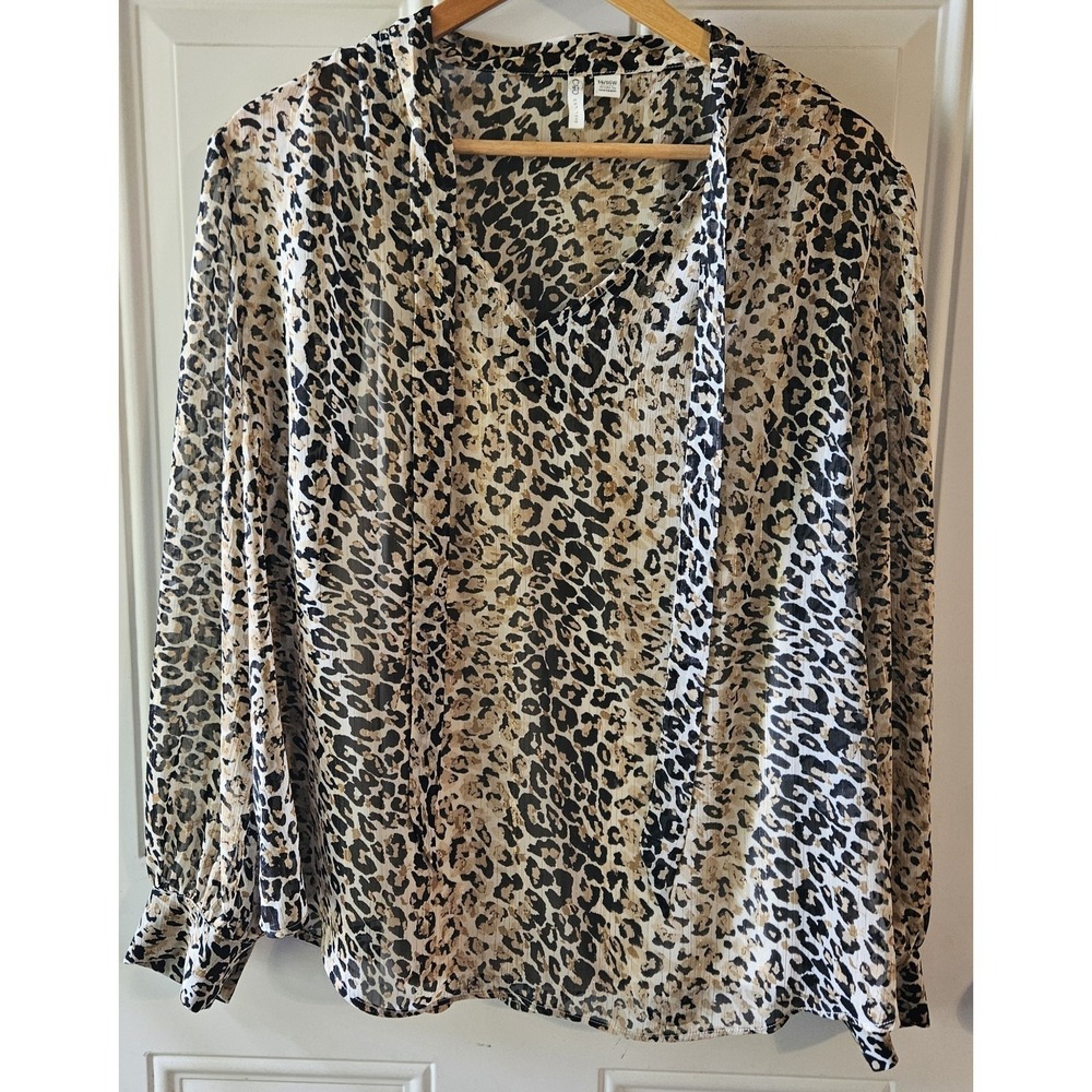 Cato 14/16W Leopard Print Sheer Blouse Women's Plus Size Tie Neck Lined Top